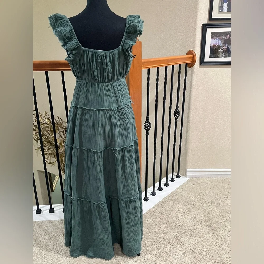 FREE THE ROSES Ruffled Sleeve Gauze Maxi PEASANT Dress - Sage Green SIZE S - Picture 7 of 8